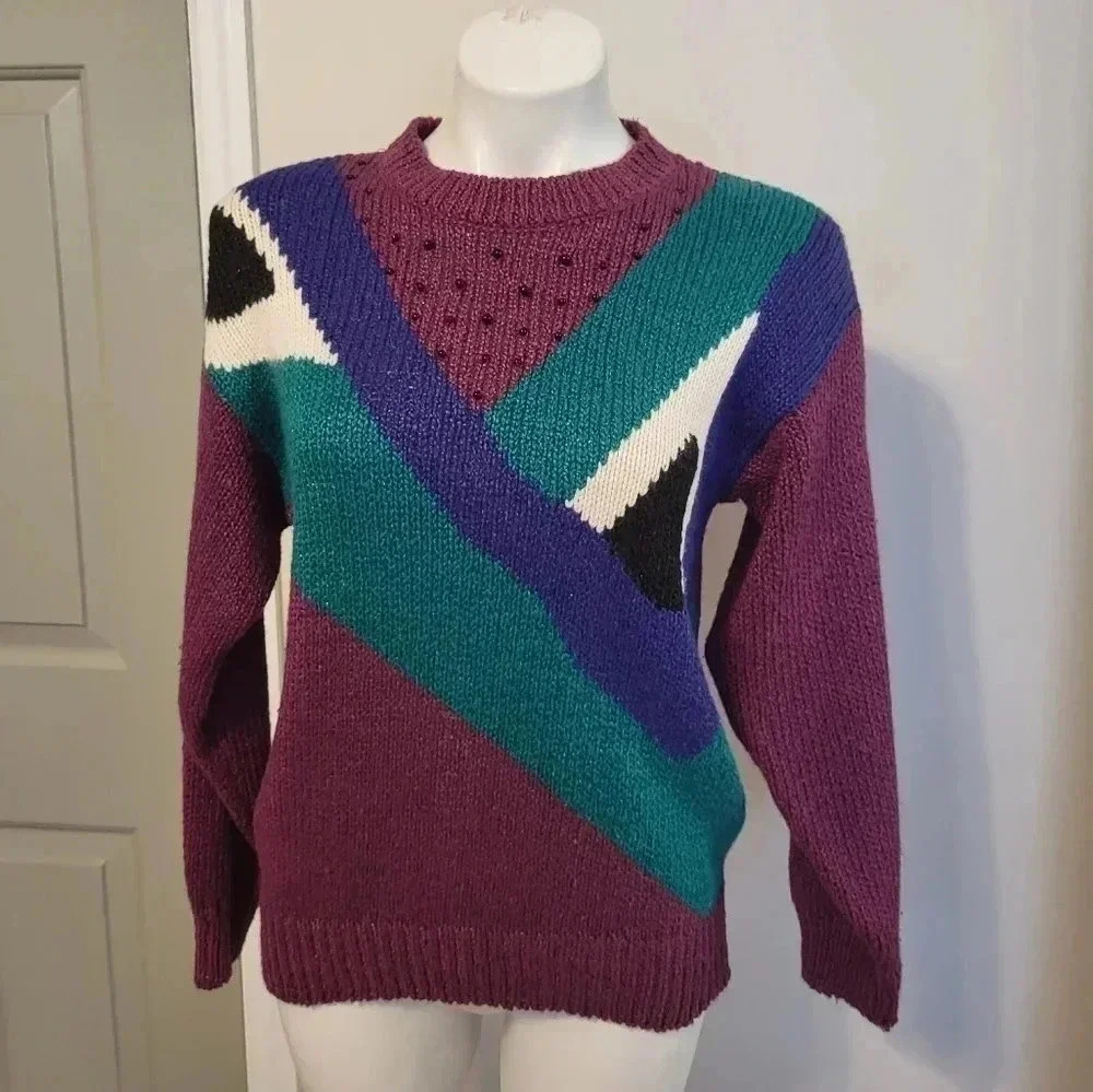 Bramble Lane Vintage 1980s Abstract Colorblock Beaded Details Knit Sweater(L)